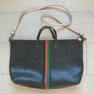 Clare V Zip Tote in Green with Red and Green Stripes and Pink Zipper and Strap
